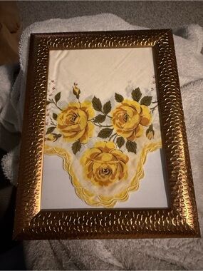 Vintage Yellow Rose Embroidered Handkerchief in a copper Frame